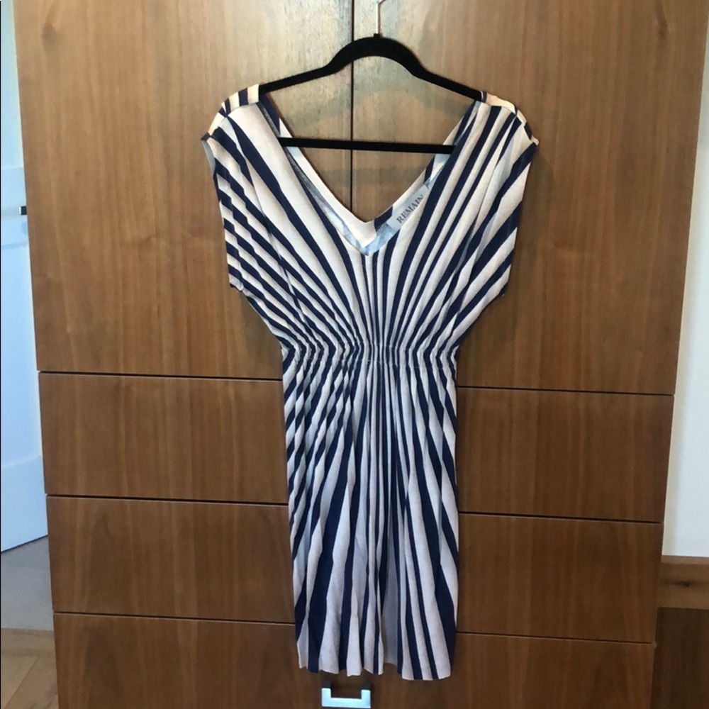 navy/beige/tan dress with elastic waist